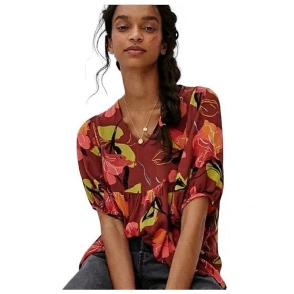 Maeve by Anthropologie Women Medium Tropical Puff Sleeve Floral Quality Flutter